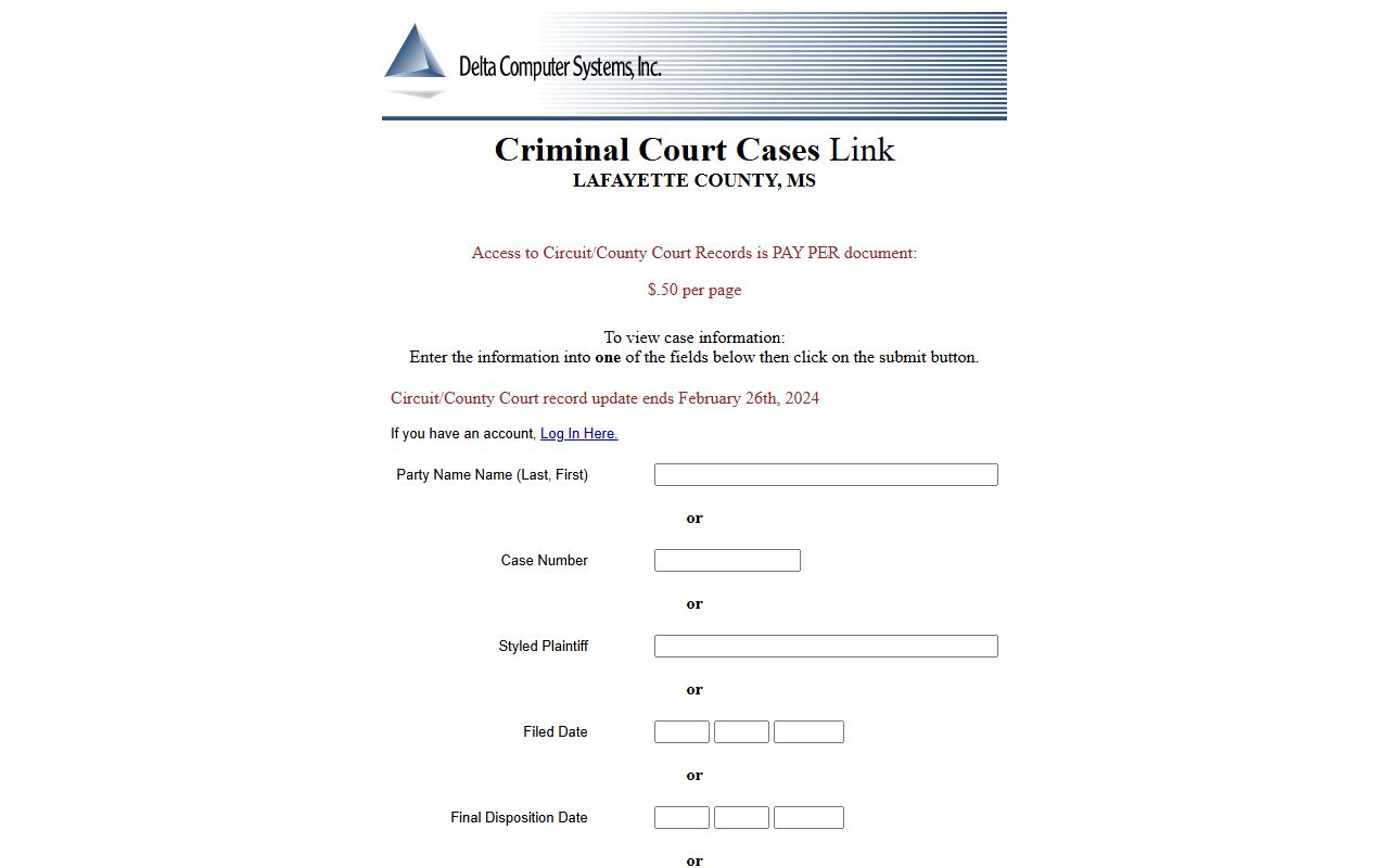 Lafayette County court records after jail arrest Delta criminal search fields