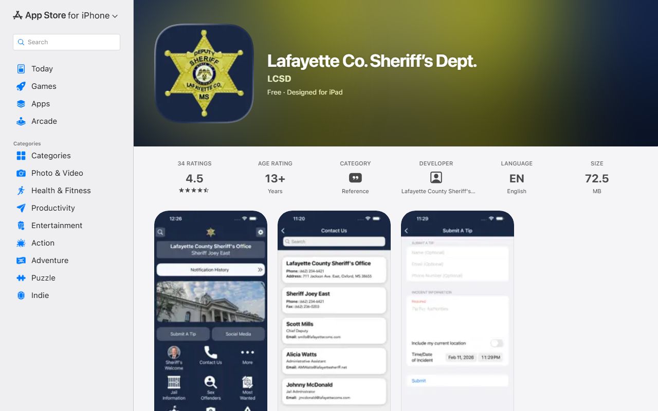 Lafayette County inmate records LCSD mobile app recent arrests listing
